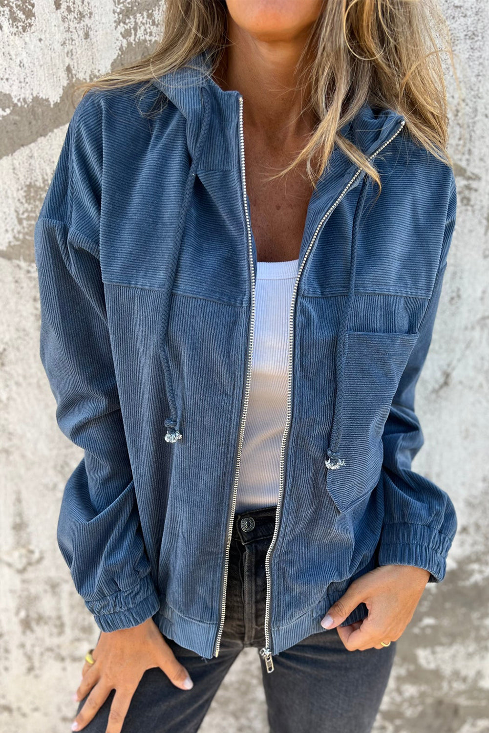 Adjustable Drawstring Teal Zip-Up Hoodie