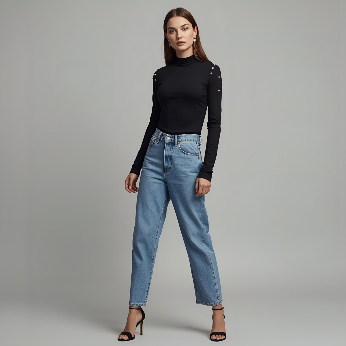 NOIRELLE | Chic Black Long Sleeve Turtleneck with Pearl Accents