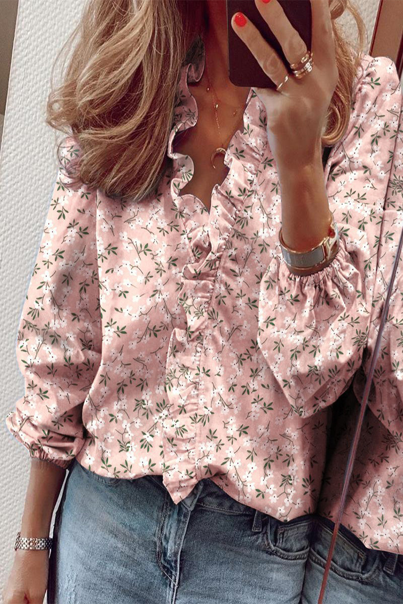 Ruffled Long Sleeve V-Neck Blouse