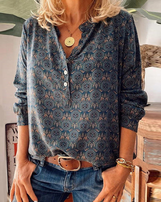 Retro-Inspired Long Sleeve Blouse with Vintage Print