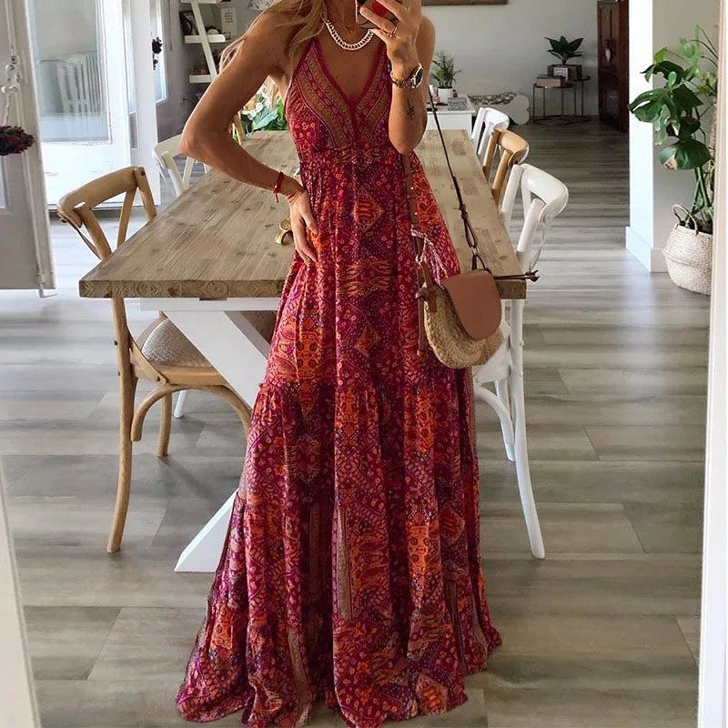Women's Bohemian Floral High-Waisted Dress