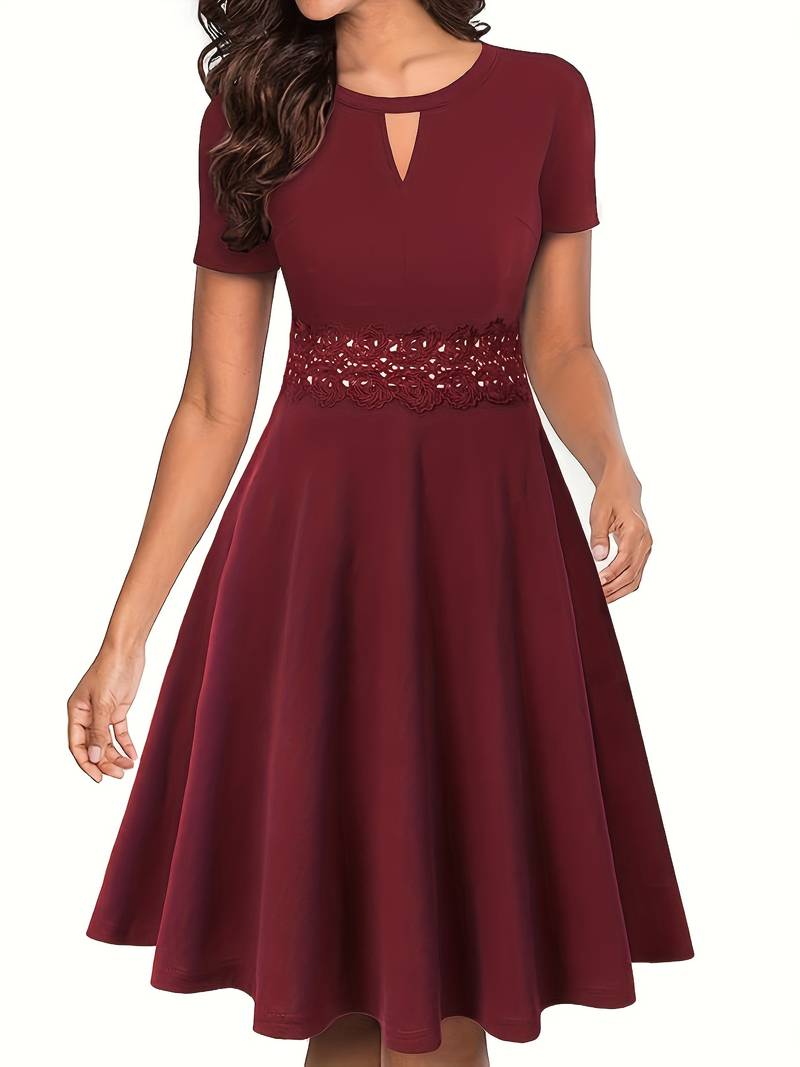 Chic Blue Dress with Tailored Waist and Elegant Lace Trim