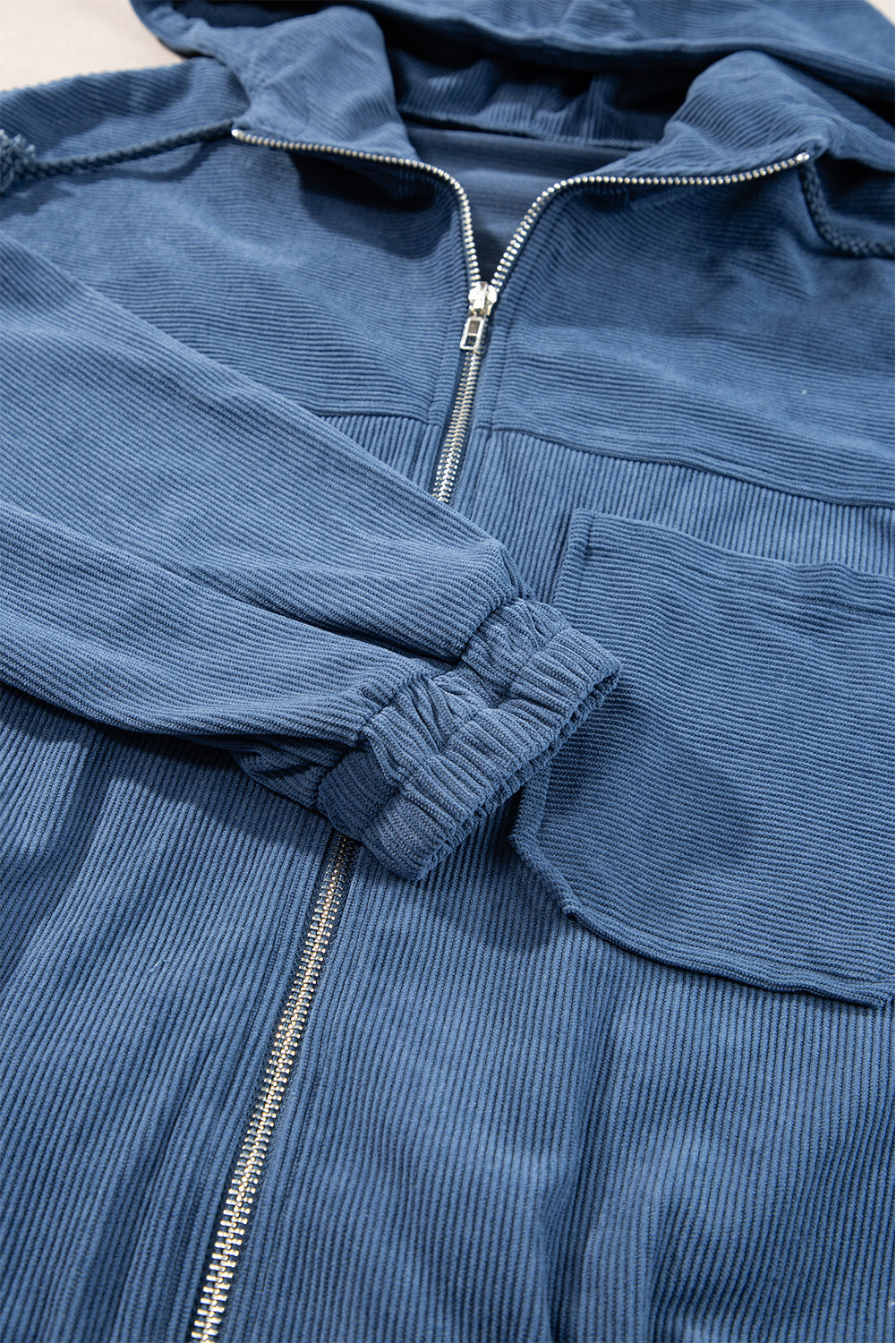 Adjustable Drawstring Teal Zip-Up Hoodie