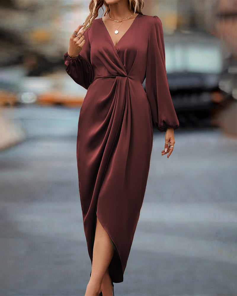 Gracia - Elegant V-Neck Dress with Trendy Lantern Sleeves