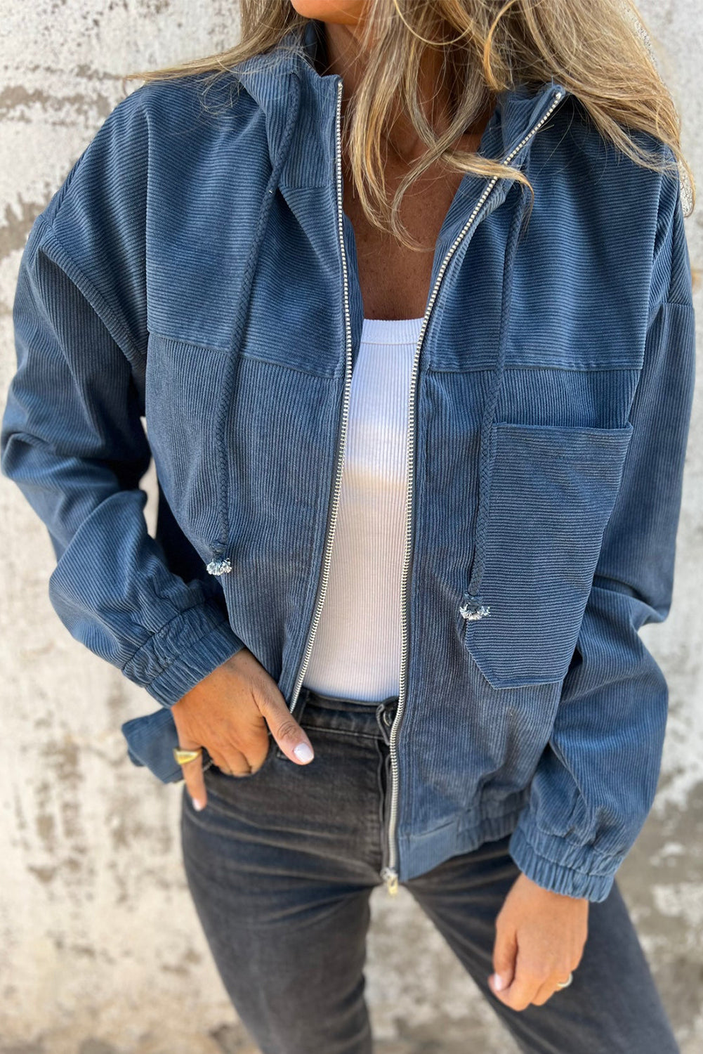 Adjustable Drawstring Teal Zip-Up Hoodie