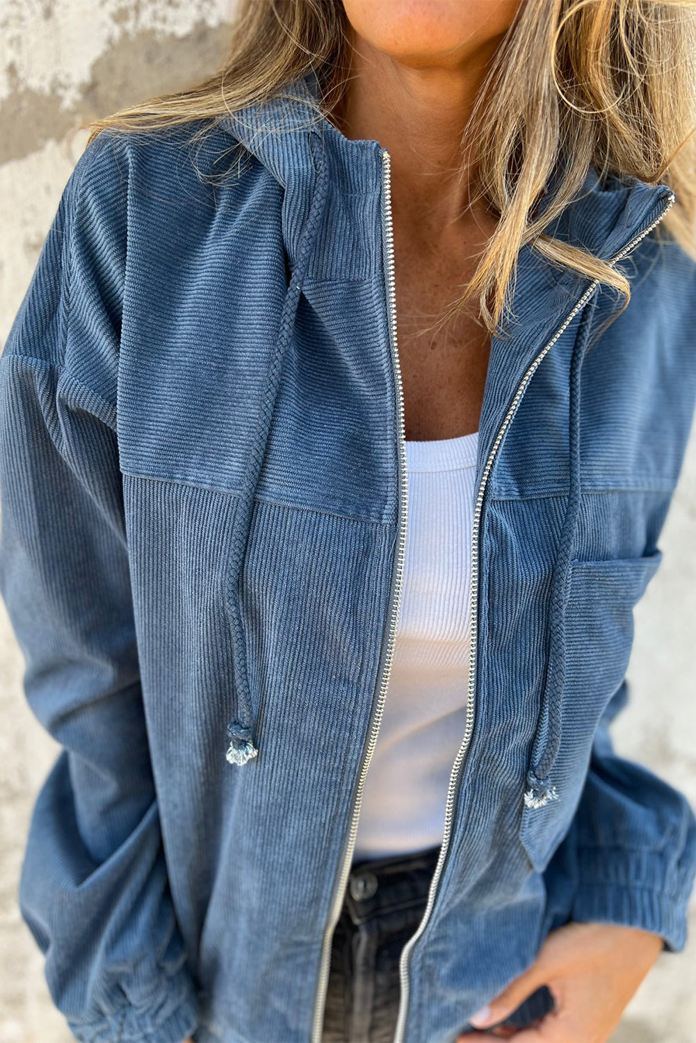 Adjustable Drawstring Teal Zip-Up Hoodie