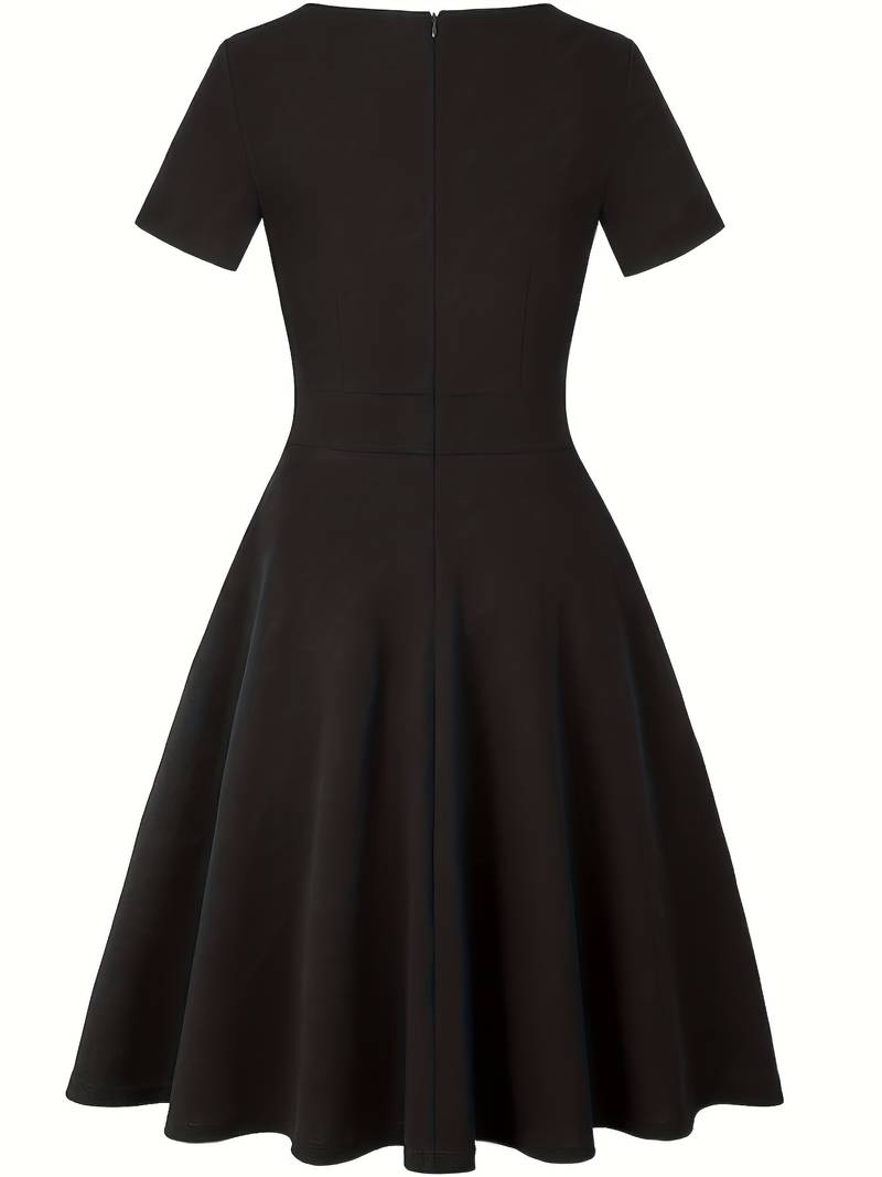 Chic Blue Dress with Tailored Waist and Elegant Lace Trim