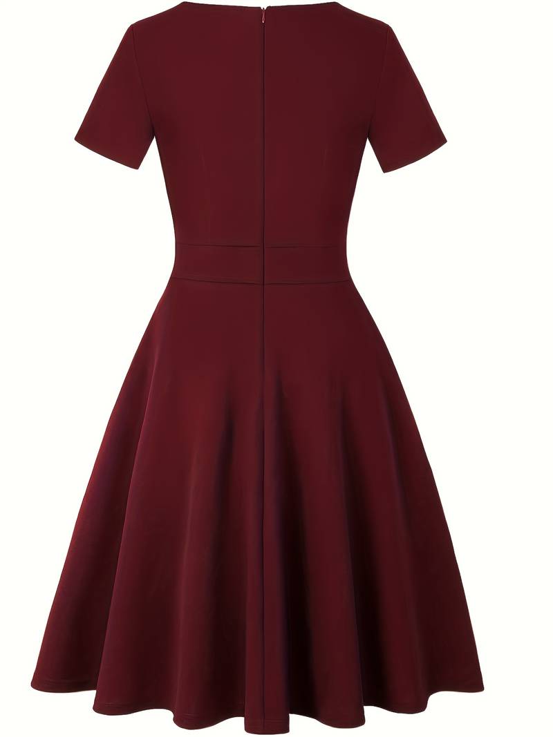 Chic Blue Dress with Tailored Waist and Elegant Lace Trim