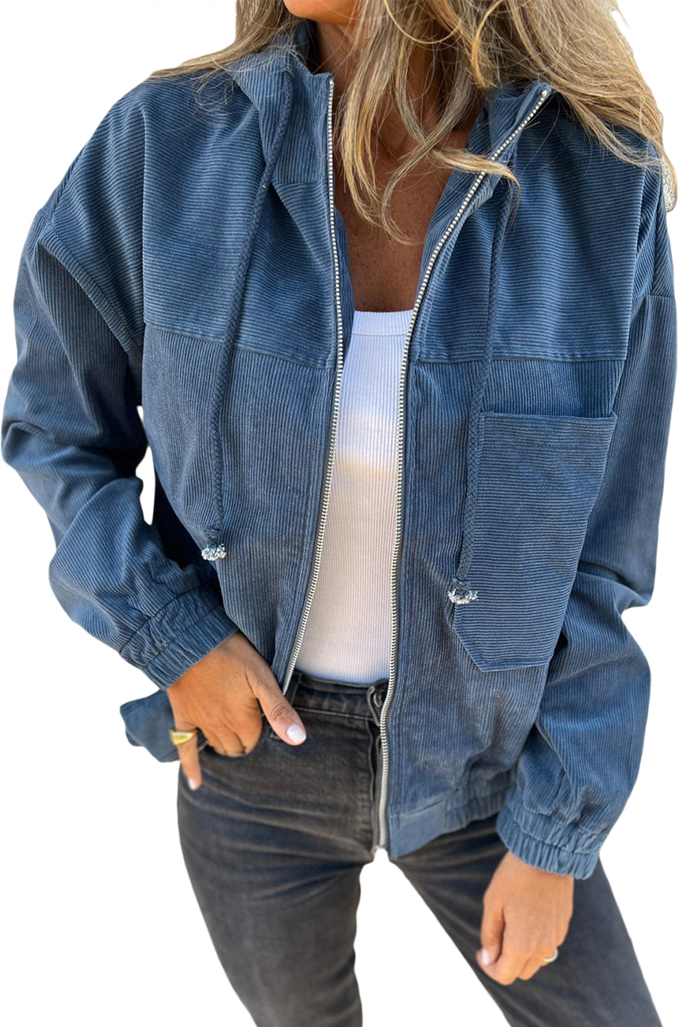 Adjustable Drawstring Teal Zip-Up Hoodie