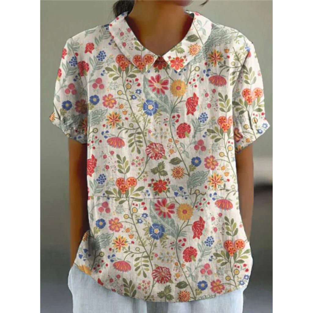 Charming Floral Cotton Blouse with Rustic Appeal