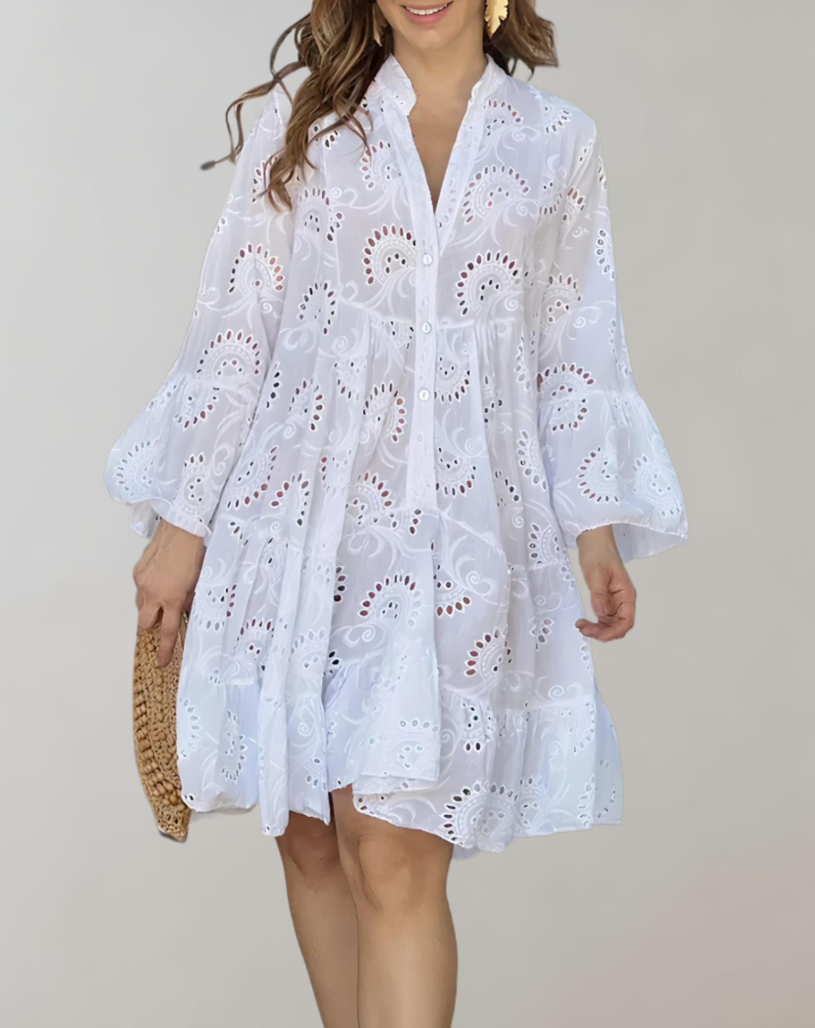 Chic V-Neck Embroidered Dress with Bell Sleeves for Ultimate Comfort