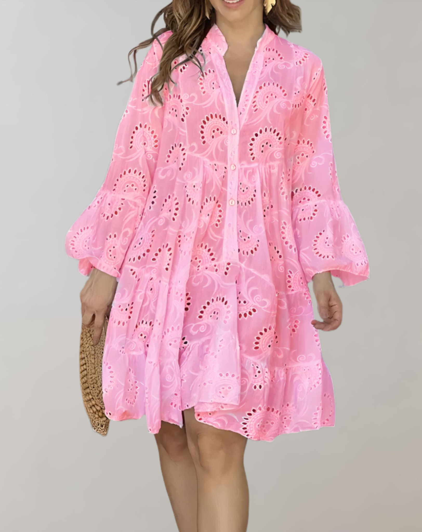 Chic V-Neck Embroidered Dress with Bell Sleeves for Ultimate Comfort