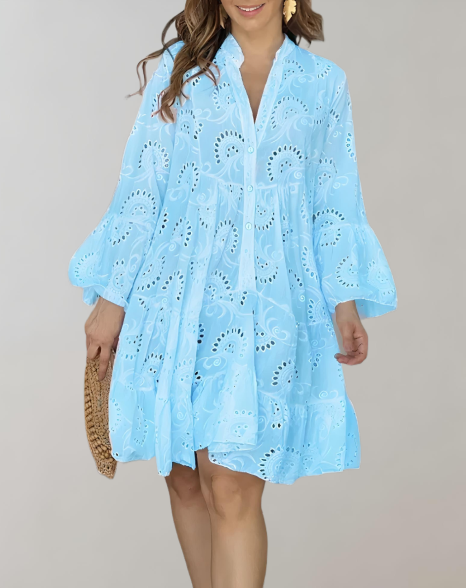 Chic V-Neck Embroidered Dress with Bell Sleeves for Ultimate Comfort