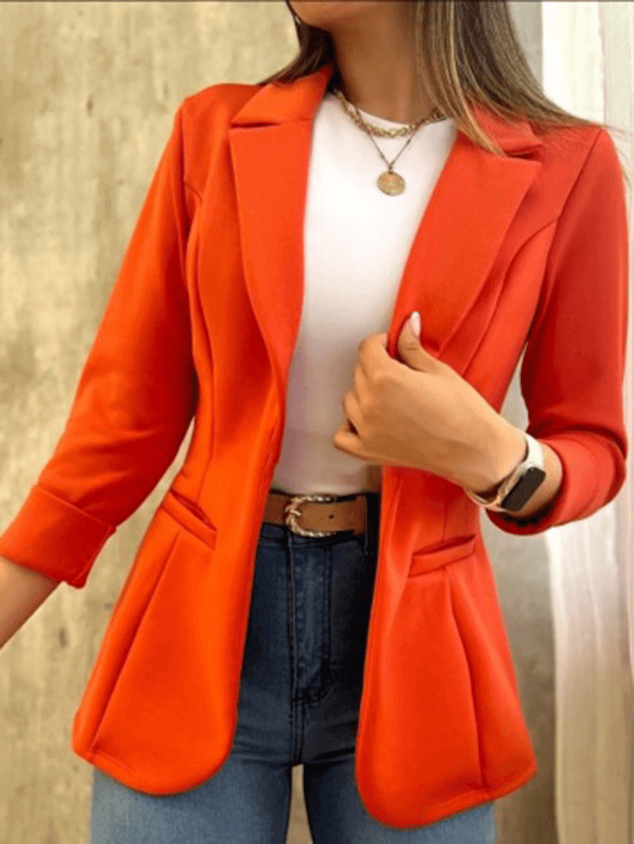 Chic Women's Solid Blazer with Pockets, Lapel Collar, and Long Sleeves