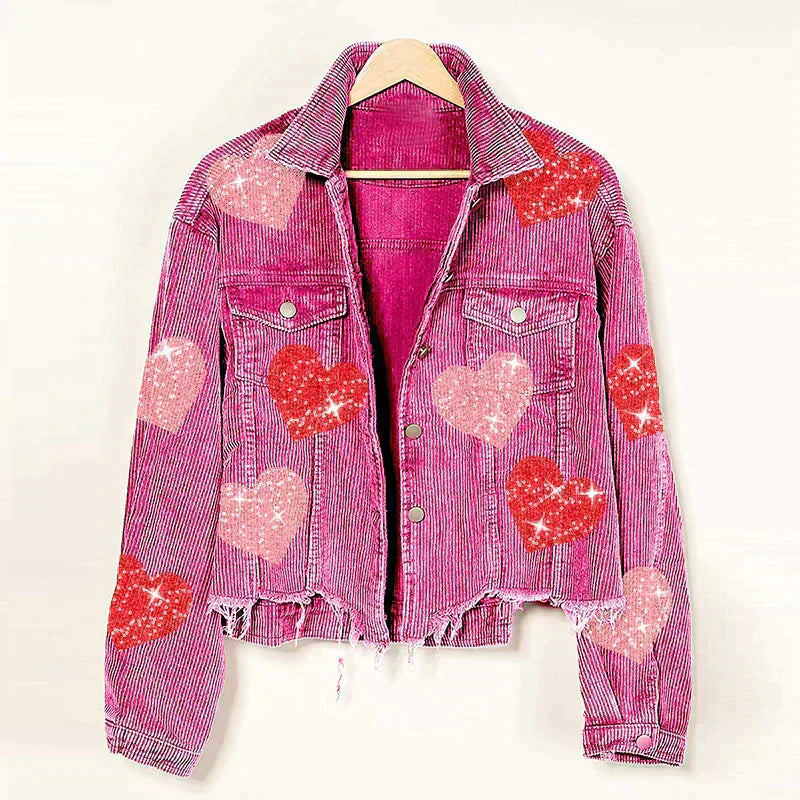 Sequin-Accented Corduroy Jacket with Heart Embellishments