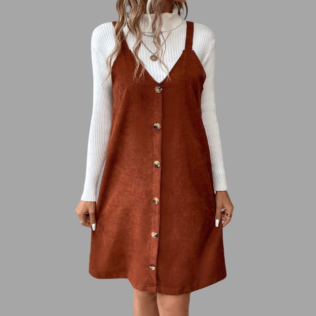 V-Neck Corduroy Dress with Strap Details and Button Accents