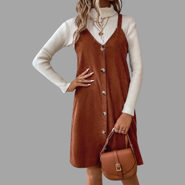 V-Neck Corduroy Dress with Strap Details and Button Accents