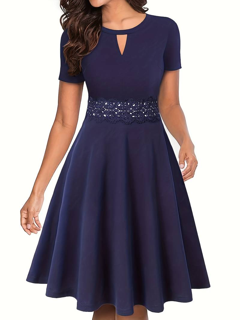 Chic Blue Dress with Tailored Waist and Elegant Lace Trim