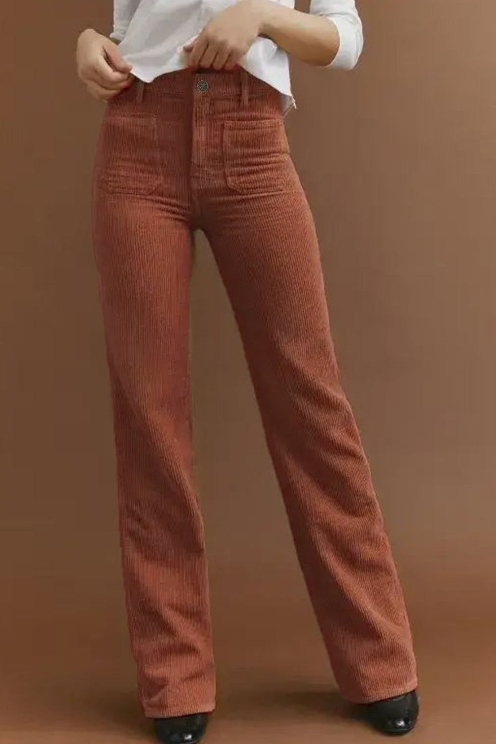 Chic High-Waisted Corduroy Pants Featuring Trendy Square Pockets