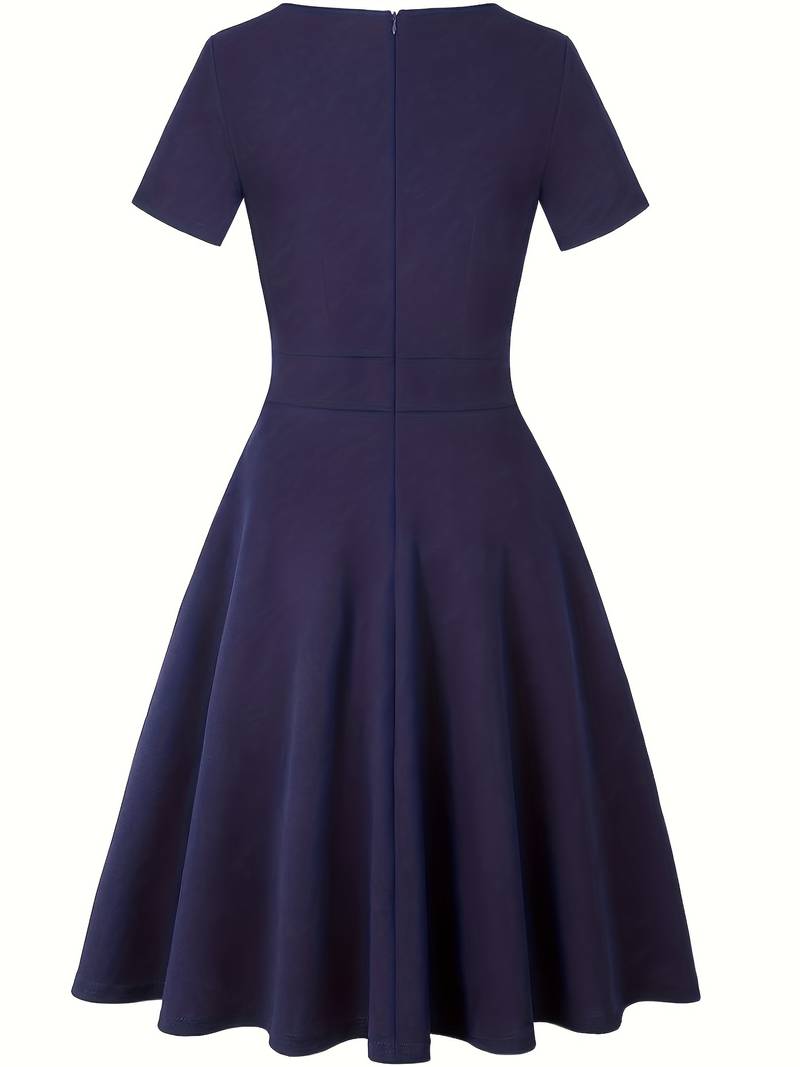Chic Blue Dress with Tailored Waist and Elegant Lace Trim