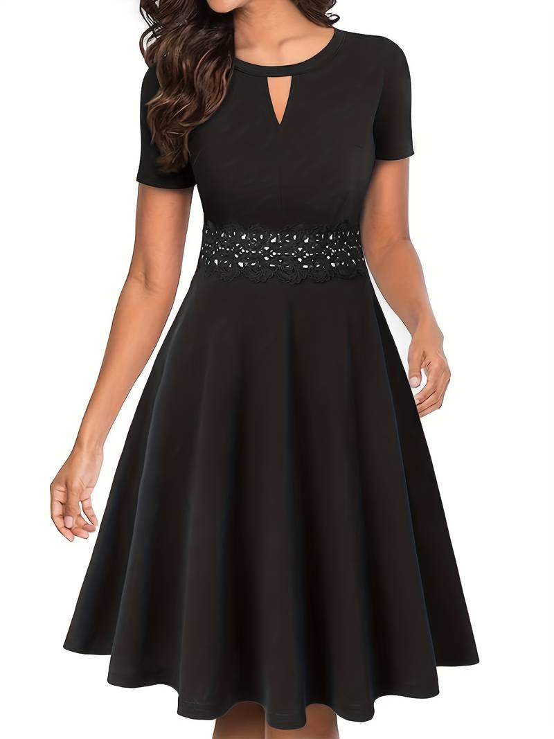 Chic Blue Dress with Tailored Waist and Elegant Lace Trim