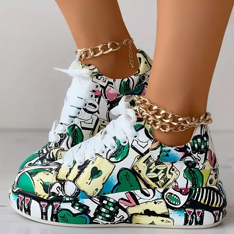 Graffiti Print Layered Sneakers for Women
